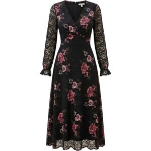 Black Floral Black Lace Maxi Dress with Pink Rose Print 2XL stretch
